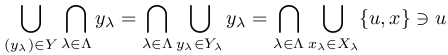 ∪_{(y_λ)∈Y}∩_{λ∈Λ}y_λ
=∩_{λ∈Λ}∪_{y_λ∈Y_λ}y_λ
=∩_{λ∈Λ}∪_{x_λ∈X_λ}{u, x}∋u